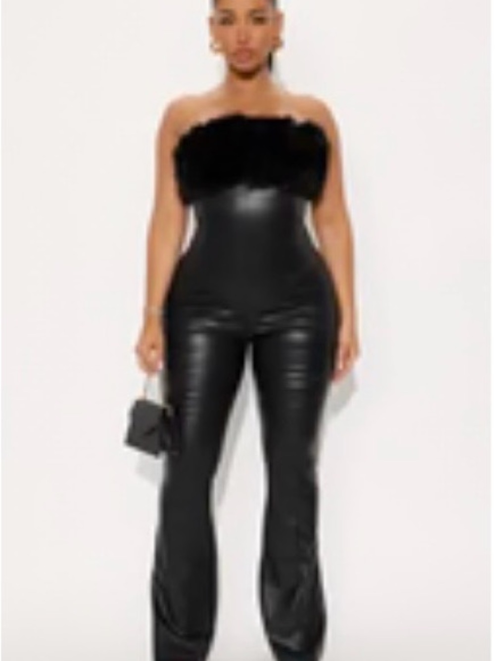 Fashion Nova Black Faux-Leather Strapless Flared Jumpsuit with Fur Trim
